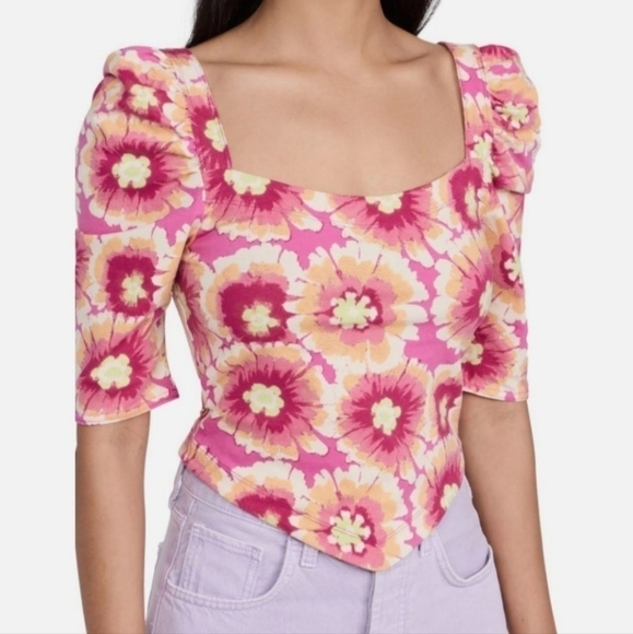 Free People Give Me More Pink Multi Floral Half Sleeve Crop Top Pop Combo Medium - Picture 2 of 14